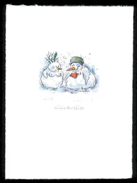 Weihnachten-Neujahr  Druckgrafik  Kaltnadel  / Aquarell  Titel : Schneemann mit Vögeln - zurück zur Übersicht hier klicken